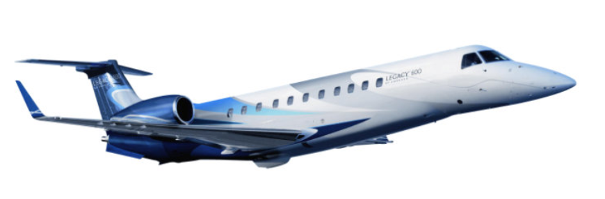 A blue and white Embraer Legacy 600 private jet is shown in flight against a white background.