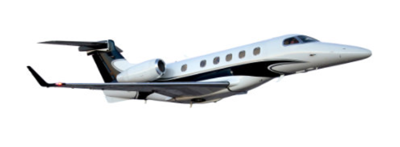 A white and black private jet airplane is flying in the sky, photographed from the side against a white background.