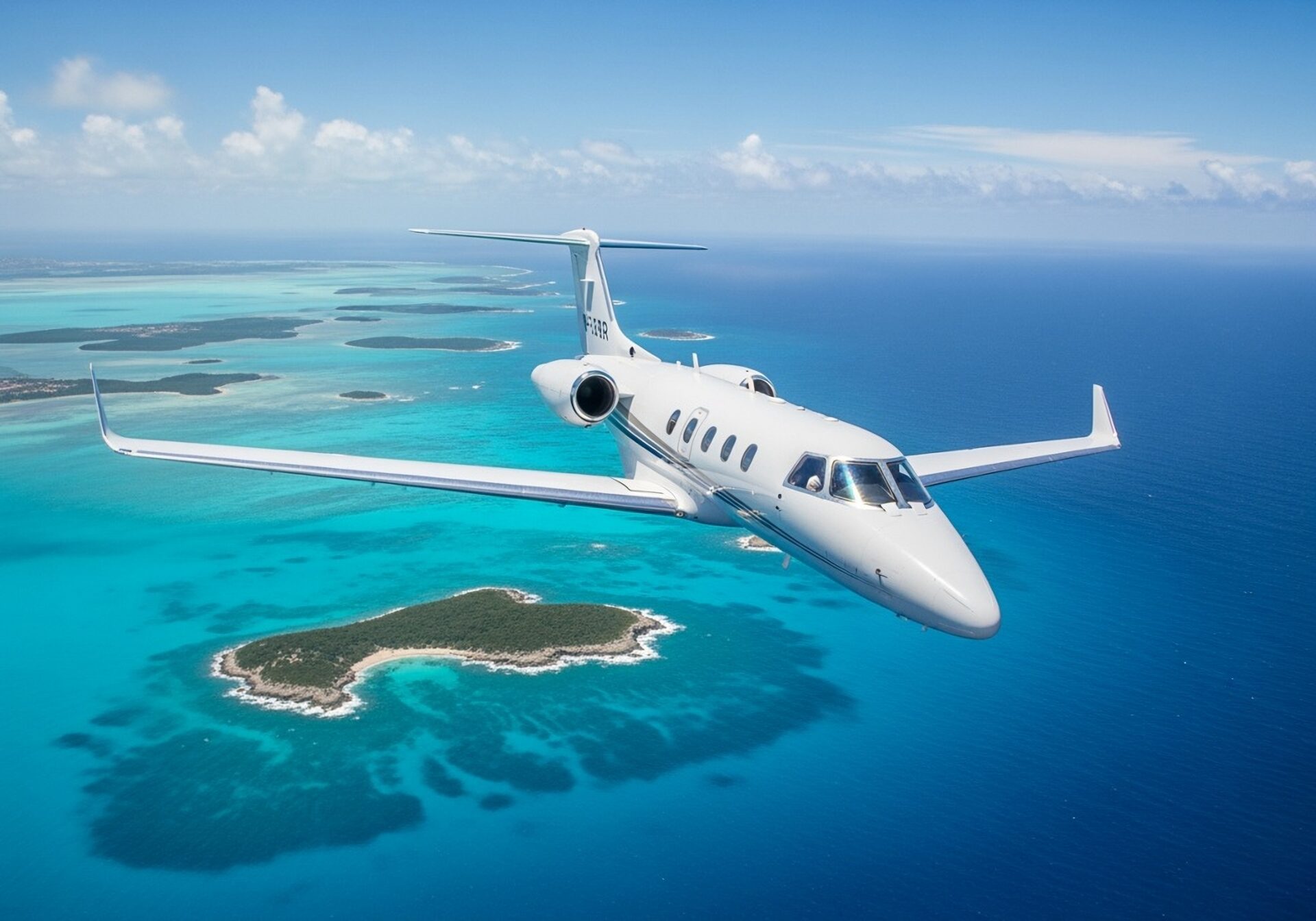 A white private jet, with a private jet price that reflects its luxury, soars above turquoise ocean water and small islands beneath a clear blue sky.