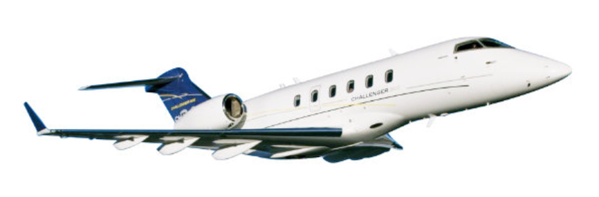 A white Bombardier Challenger jet with blue tail and accents is flying in the sky, viewed from a side angle.