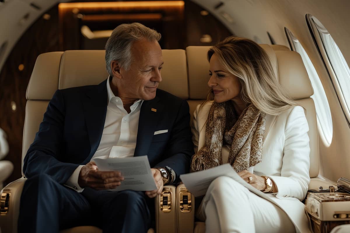A man and woman in business attire sit together on a private jet, holding documents and smiling at each other.