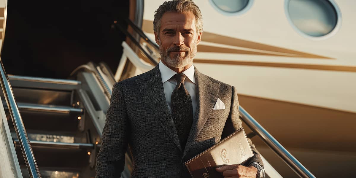 A man in a suit holding a folder stands at the bottom of stairs leading from a private jet.