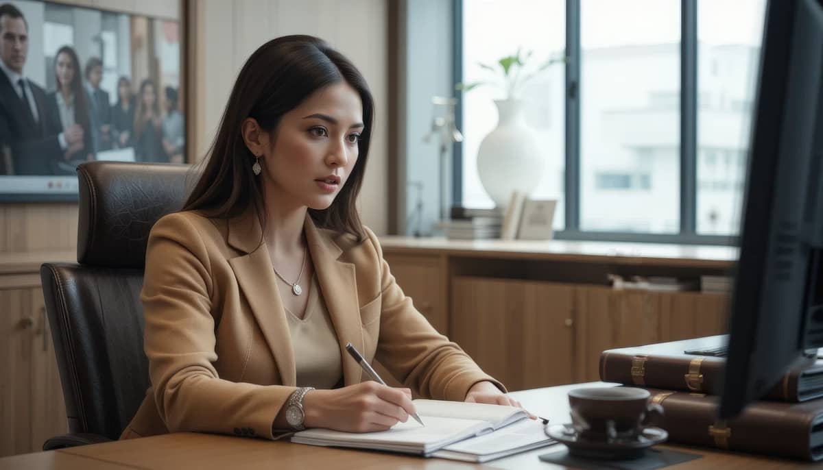 A woman in business attire sits at a desk in an office, writing in a notebook while looking at a computer monitor.