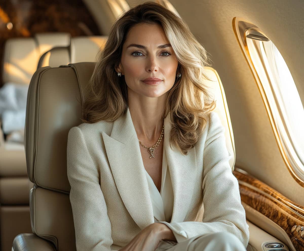 A woman in a cream-colored suit sits in a leather seat on a private jet, looking directly at the camera. Sunlight shines through the window beside her.
