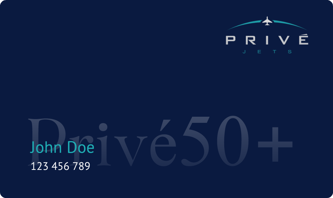A Privé Jets membership card displaying the name John Doe and the number 123 456 789, with the Privé Jets logo in the upper right corner.