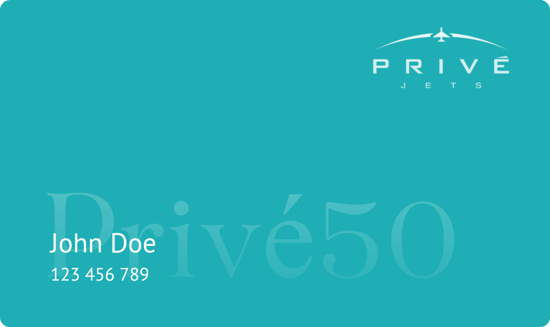 A turquoise Privé Jets membership card with the name John Doe, number 123 456 789, and the Privé Jets logo featuring an airplane.