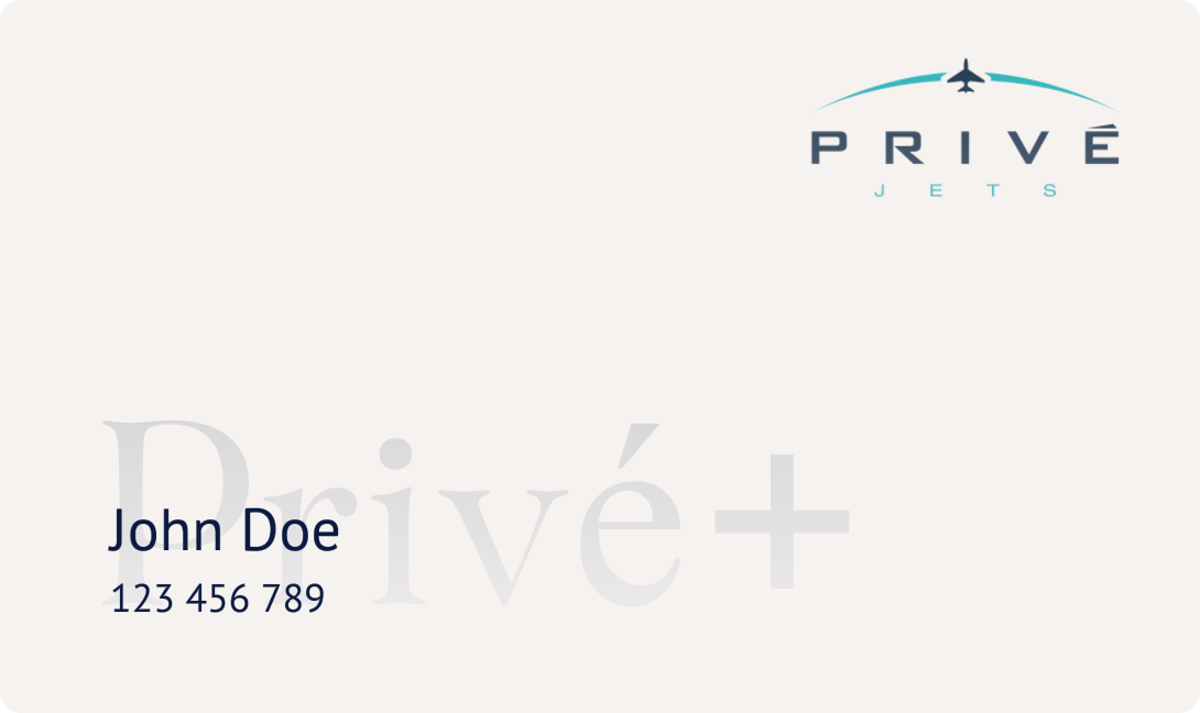 A business card for PRIVE Jets featuring the name John Doe and the phone number 123 456 789, with the company logo in the top right corner.