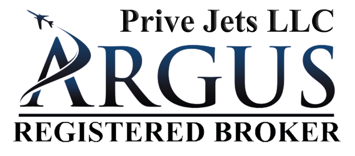 Logo for Prive Jets LLC featuring the text "ARGUS Registered Broker" with a stylized jet and swoosh forming part of the "A" in "ARGUS.