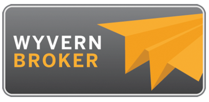 A logo with the text "WYVERN BROKER" next to an abstract yellow paper airplane on a gray background.